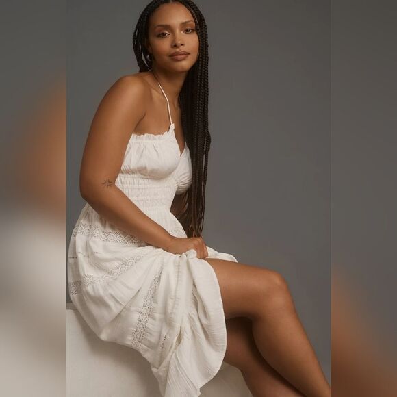 Anthropologie Maeve Strapless Smocked Midi Dress In White Size Medium NWT - Picture 8 of 8